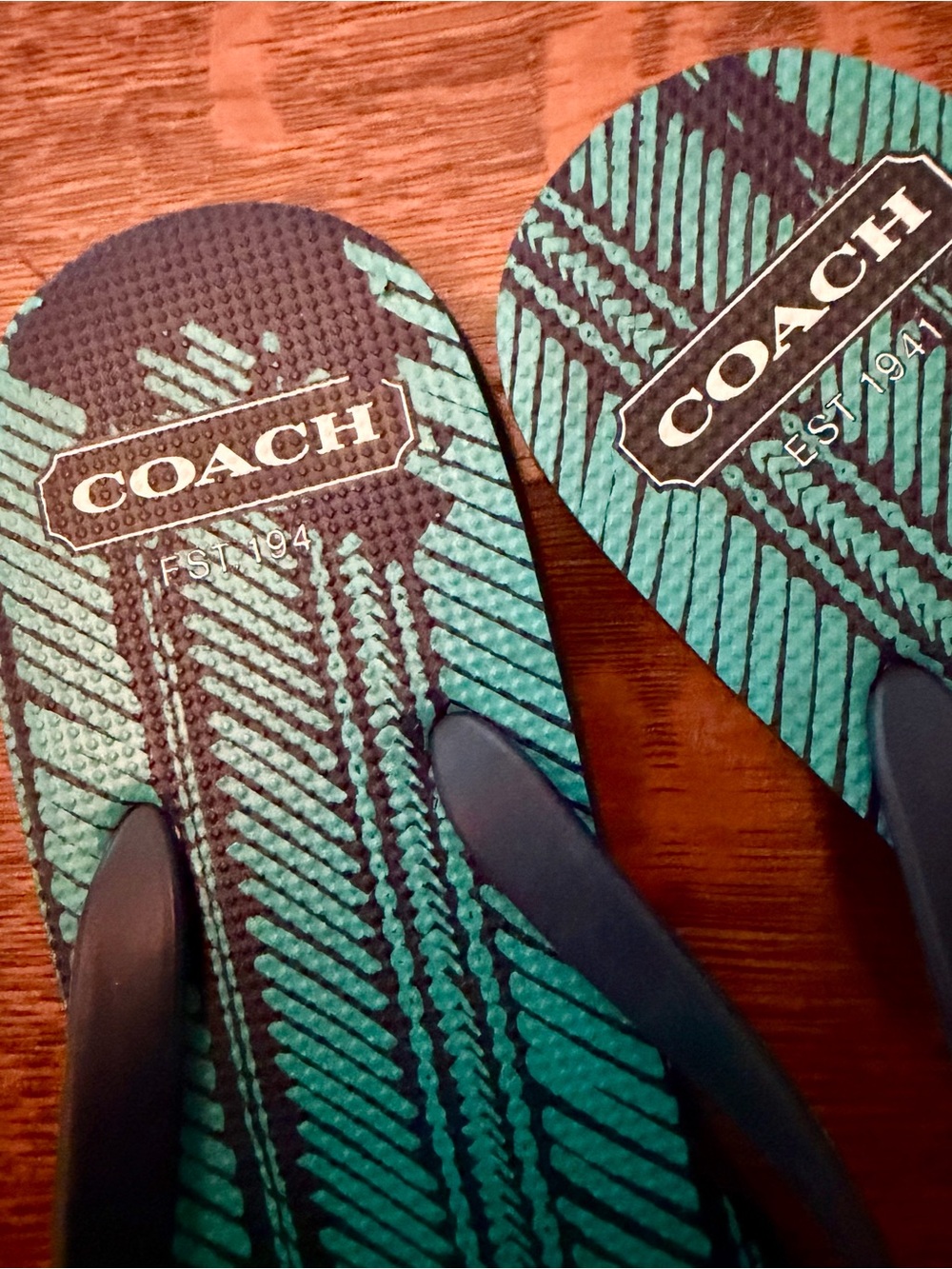 Coach Green and Black Striped Logo Flip Flops Sz 9 Women’s Sandals - Picture 3 of 5